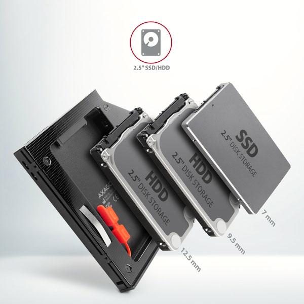 AXAGON RSS-CD12 2.5" SSD/HDD caddy into DVD slot, 12.7 mm, LED, ALU AXAGON RSS-CD12 2.5" SSD/HDD caddy into DVD slot, 12.7 mm, LED, ALU