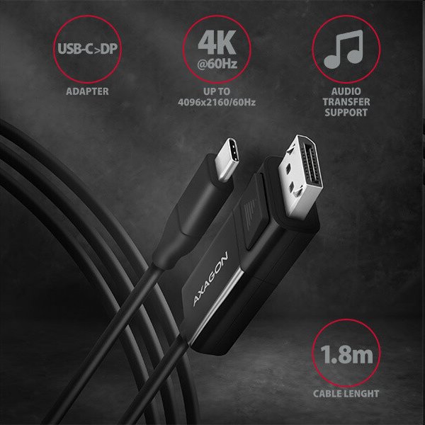 AXAGON RVC-DPC adaptér USB-C na DisplayPort cable 1,8 m 4K / 60 Hz