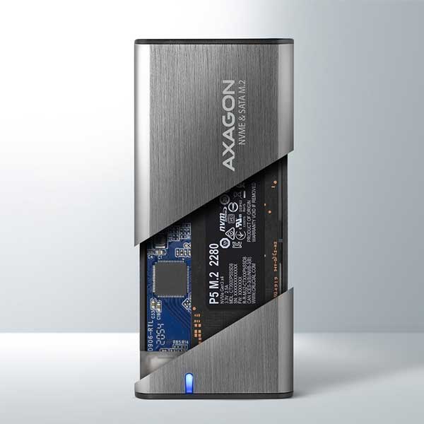 AXAGON EEM2-SG2 USB-C 3.2 Gen 2 - M.2 NVMe & SATA SSD screwless RAW box, strieborný