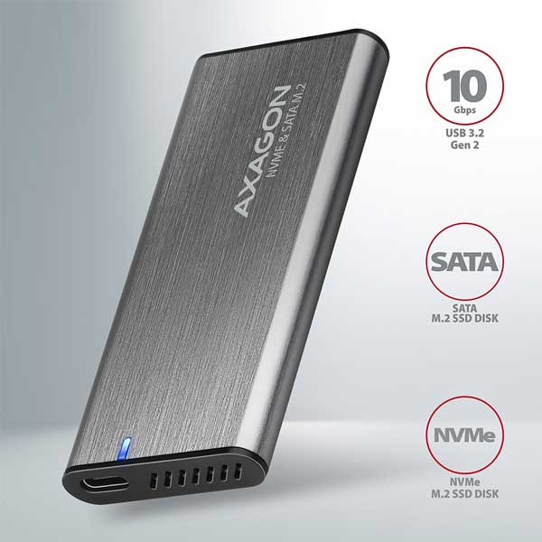AXAGON EEM2-SG2 USB-C 3.2 Gen 2 - M.2 NVMe & SATA SSD screwless RAW box, strieborný AXAGON EEM2-SG2 USB-C 3.2 Gen 2 - M.2 NVMe & SATA SSD screwless RAW box, strieborný