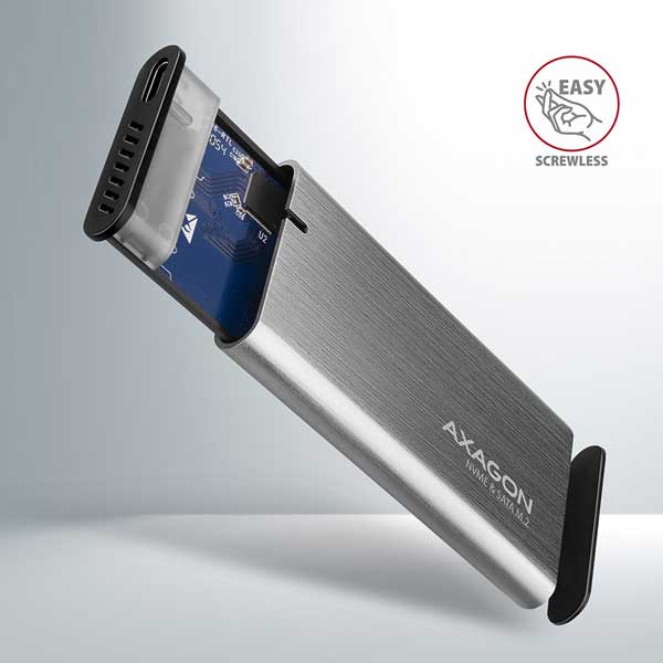 AXAGON EEM2-SG2 USB-C 3.2 Gen 2 - M.2 NVMe & SATA SSD screwless RAW box, strieborný