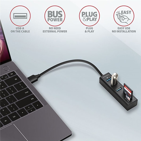 AXAGON HMA-CR3A 3x USB-A + SD/microSD, USB3.2 Gen 1 hub, metal, 20 cm USB-A kabel