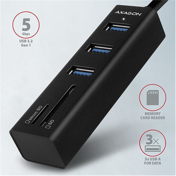 AXAGON HMA-CR3A 3x USB-A + SD/microSD, USB3.2 Gen 1 hub, metal, 20 cm USB-A kabel