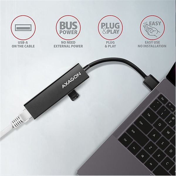 AXAGON HMA-GL3A 3x USB-A+GLAN, USB3.2 Gen 1 hub, metal, 20 cm USB-A kabel