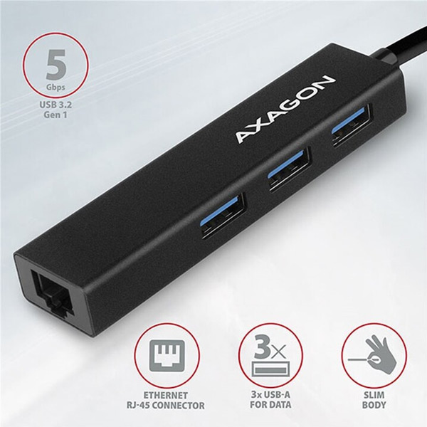 AXAGON HMA-GL3A 3x USB-A+GLAN, USB3.2 Gen 1 hub, metal, 20 cm USB-A kabel