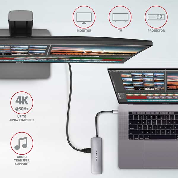 AXAGON HMC-5 2x USB-A, HDMI, SD/microSD, USB 3.2 Gen 1 hub, PD 100W, 20cm USB-C cable