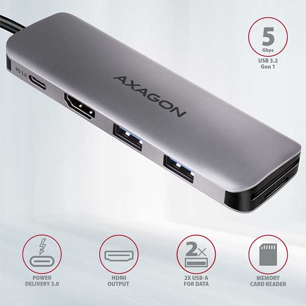 AXAGON HMC-5 2x USB-A, HDMI, SD/microSD, USB 3.2 Gen 1 hub, PD 100W, 20cm USB-C cable