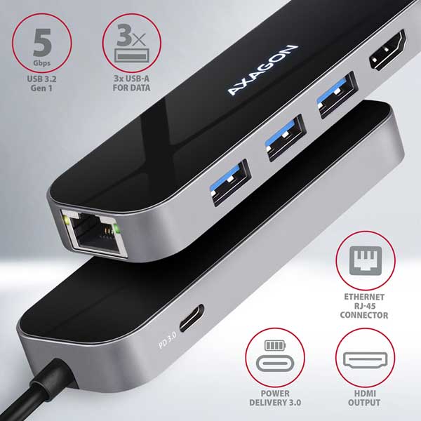 AXAGON HMC-6GL 3x USB-A, HDMI, RJ-45, USB 3.2 Gen 1 hub, PD 100W, 20cm USB-C cable