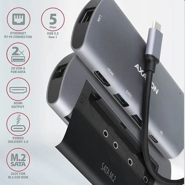 AXAGON HMC-6M2 USB-C 3.2 Gen 1 hub w. M.2 SATA + HDMI + GLAN + 2x USB-A + PD 100 W AXAGON HMC-6M2 USB-C 3.2 Gen 1 hub w. M.2 SATA + HDMI + GLAN + 2x USB-A + PD 100 W