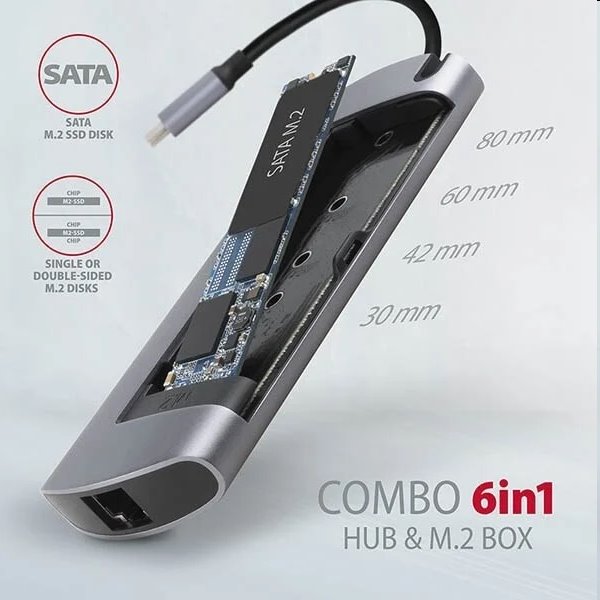 AXAGON HMC-6M2 USB-C 3.2 Gen 1 hub w. M.2 SATA + HDMI + GLAN + 2x USB-A + PD 100 W AXAGON HMC-6M2 USB-C 3.2 Gen 1 hub w. M.2 SATA + HDMI + GLAN + 2x USB-A + PD 100 W