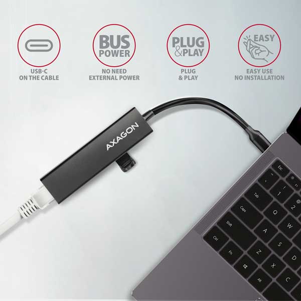 AXAGON HMC-GL3A 3x USB-A + GLAN, USB 3.2 Gen 1 hub, metal, 20cm USB-C cable