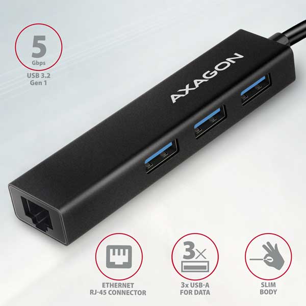 AXAGON HMC-GL3A 3x USB-A + GLAN, USB 3.2 Gen 1 hub, metal, 20cm USB-C cable