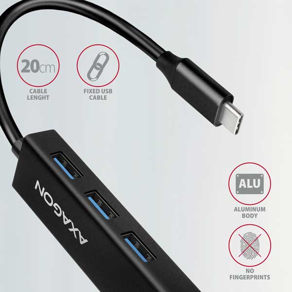 AXAGON HMC-GL3A 3x USB-A + GLAN, USB 3.2 Gen 1 hub, metal, 20cm USB-C cable