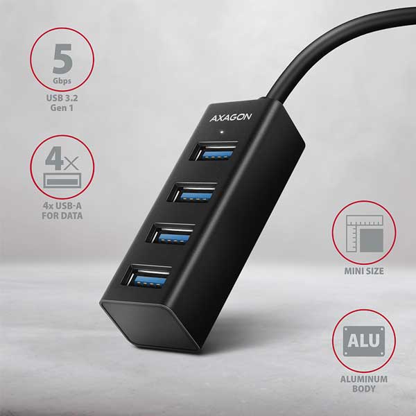AXAGON HUE-M1AL 4x USB 3.2 Gen 1 MINI hub, metal, 1,2m USB-A cable AXAGON HUE-M1AL 4x USB 3.2 Gen 1 MINI hub, metal, 1,2m USB-A cable