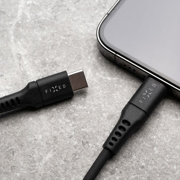 FIXED Datový a nabíjecí Liquid silicone kabel USB-C/Lightning MFi, PD, 2 m, černý