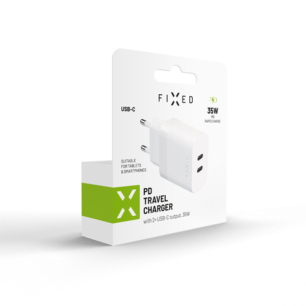 FIXED Síťová nabíječka s 2x USB-C, PD, 35W, bílá