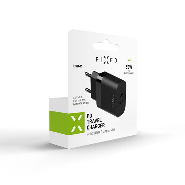 FIXED Síťová nabíječka s 2x USB-C, PD, 35W, černá