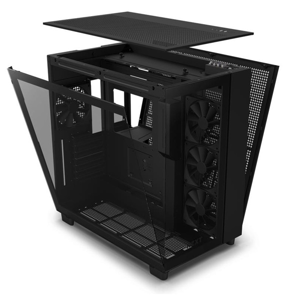 NZXT case H9 Flow Dual-chambers ATX / 4x120mm fan / až 10xfan / mesh top / glass side panel, front / black