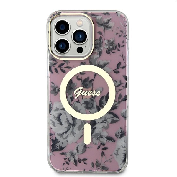 Pouzdro Guess PC/TPU Flowers IML MagSafe for Apple iPhone 14 Pro Max, růžové