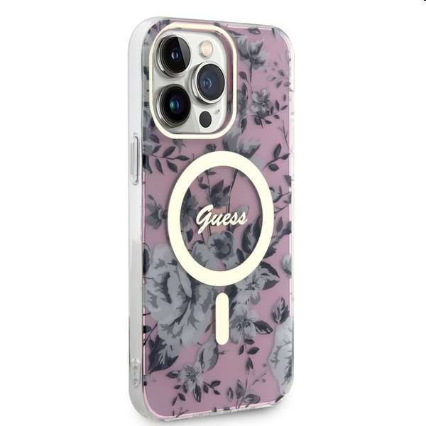 Pouzdro Guess PC/TPU Flowers IML MagSafe for Apple iPhone 14 Pro Max, růžové