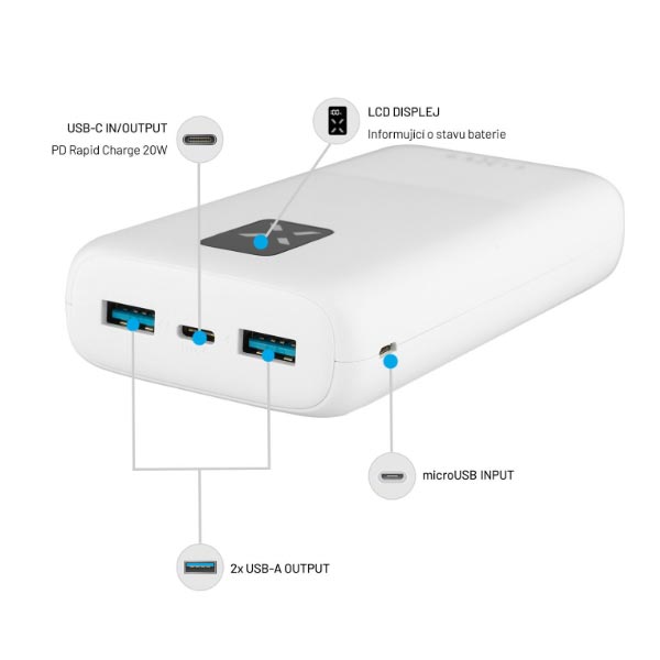 FIXED Powerbanka Zen 20 s LCD displejem a výstupem PD 20W, 20 000 mAh, bílá