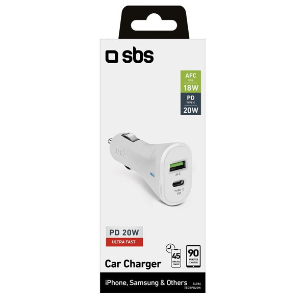 SBS Autonabíječka USB-C PD 20 W/USB AFC 18 W, bílá