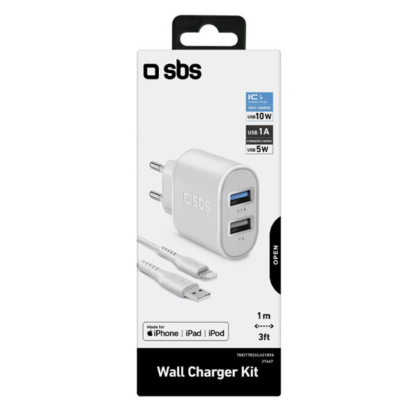 SBS Cestovní nabíjecí sada, Ultra Fast Charge, 2x USB/Lightning MFI C-89 kabel, bílá