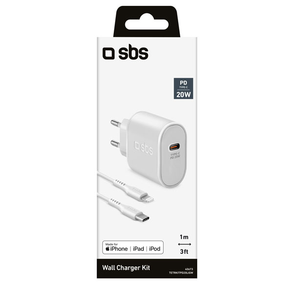 SBS Cestovní nabíjecí sada Ultra Fast Charge, USB-C PD 20 W/Lightning, bílá