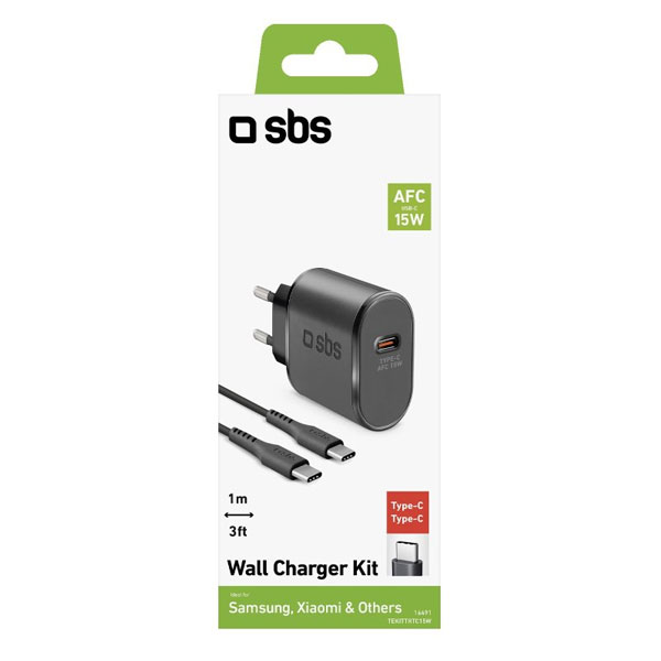 SBS Cestovní nabíjecí sada USB-C 15 W, kabel USB-C/USB-C, 1 m, černá