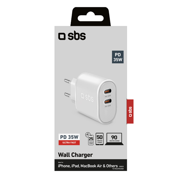 SBS Cestovní adaptér 2x USB-C, PD, 35 W, bílá