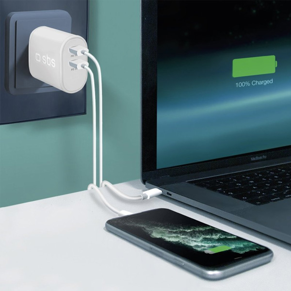 SBS Cestovní adaptér 2x USB-C, PD, 35 W, bílá