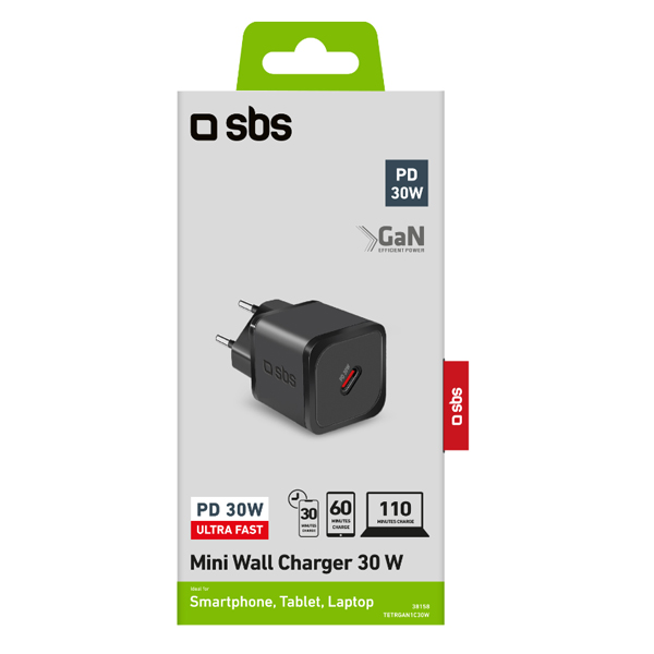 SBS Cestovní adaptér Mini USB-C, GaN, 30 W, PD, černá