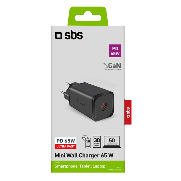 SBS Cestovní adaptér Mini USB-C, GaN, 65 W, PD, černá