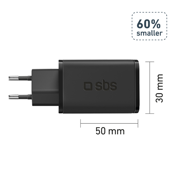 SBS Cestovní adaptér Mini USB-C, GaN, 65 W, PD, černá