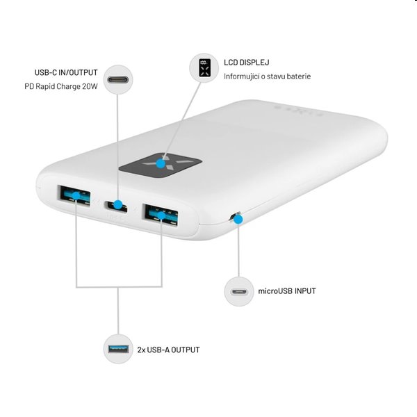 FIXED Powerbanka Zen 10 s LCD displejem a výstupem PD 20W, 10 000 mAh, bílá