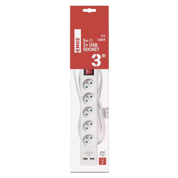 Emos prodlužovací kabel, 5x zásuvka, 2x USB, 3m, bílý Emos prodlužovací kabel, 5x zásuvka, 2x USB, 3m, bílý
