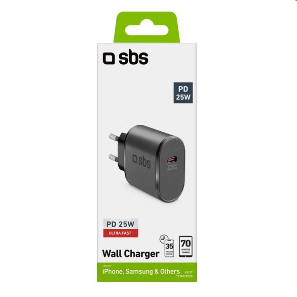 SBS Cestovní adaptér USB-C, 25 W, PD, černá SBS Cestovní adaptér USB-C, 25 W, PD, černá