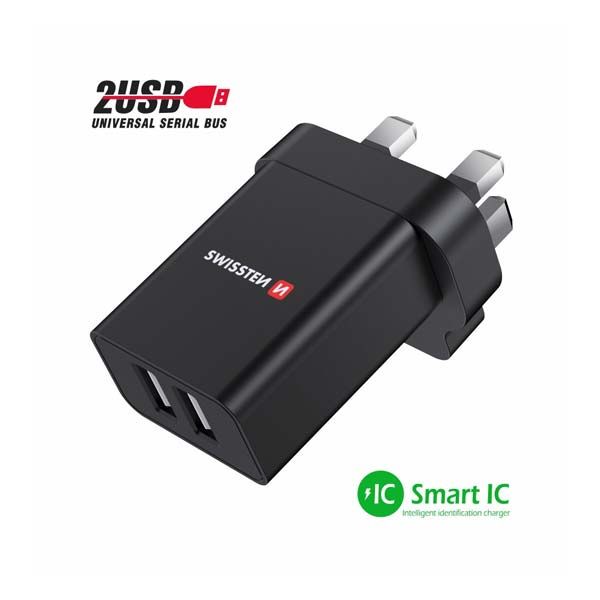 Sítóvý Adaptér Swissten 2x USB 10,5W pre UK, černý Sítóvý Adaptér Swissten 2x USB 10,5W pre UK, černý