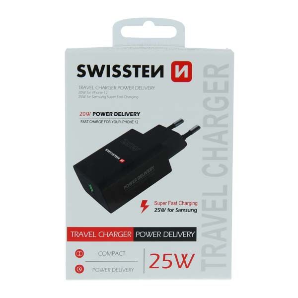 Sítóvý Adaptér Swissten pro iPhone a Samsung PD, 25W, černý Sítóvý Adaptér Swissten pro iPhone a Samsung PD, 25W, černý