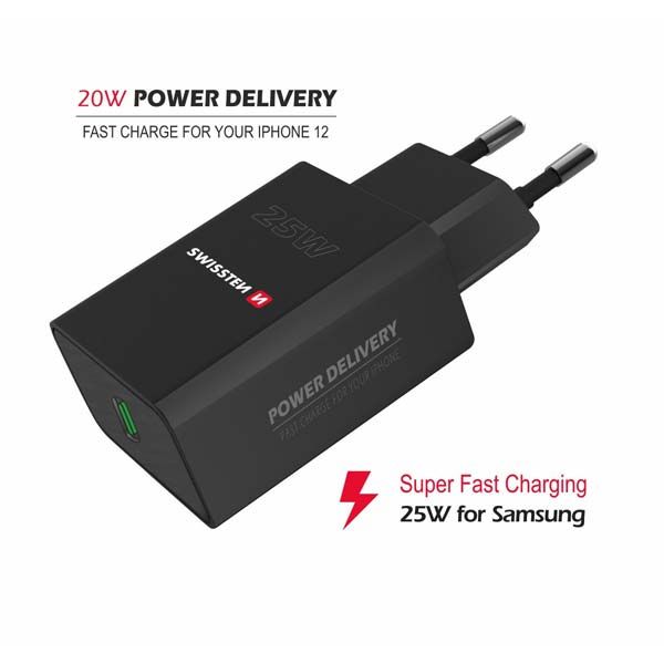 Sítóvý Adaptér Swissten pro iPhone a Samsung PD, 25W, černý Sítóvý Adaptér Swissten pro iPhone a Samsung PD, 25W, černý
