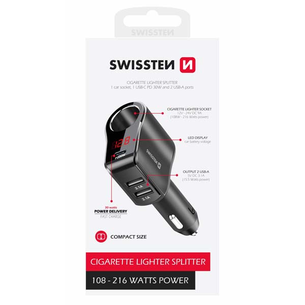 Swissten Autoadaptér s výstupem 1x CL, 1x UCB-C PD a 2x USB-A, 108W - 216W, černý