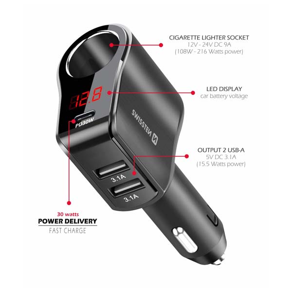 Swissten Autoadaptér s výstupem 1x CL, 1x UCB-C PD a 2x USB-A, 108W - 216W, černý