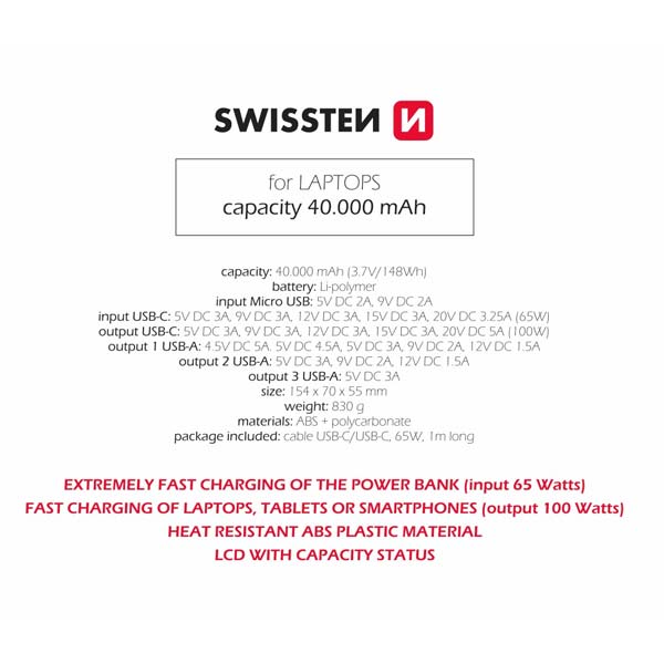 Swissten Power Line Powerbanka 40000 mAh 100W, PD, černá