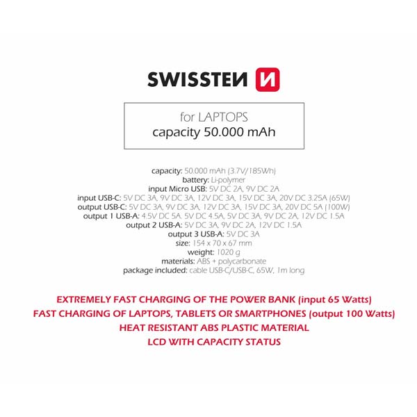 Swissten Power Line Powerbanka 50000 mAh 100W, PD, černá