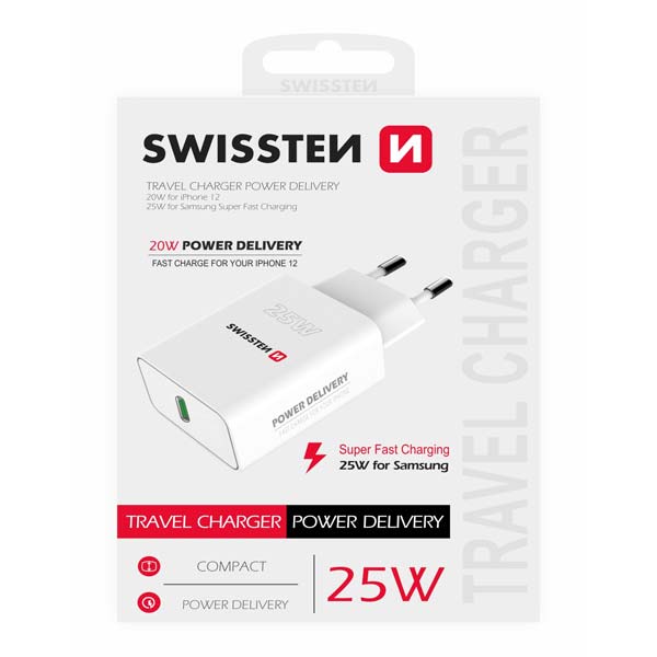 Sítóvý Adaptér Swissten pro iPhone a Samsung PD, 25W, bílý Sítóvý Adaptér Swissten pro iPhone a Samsung PD, 25W, bílý