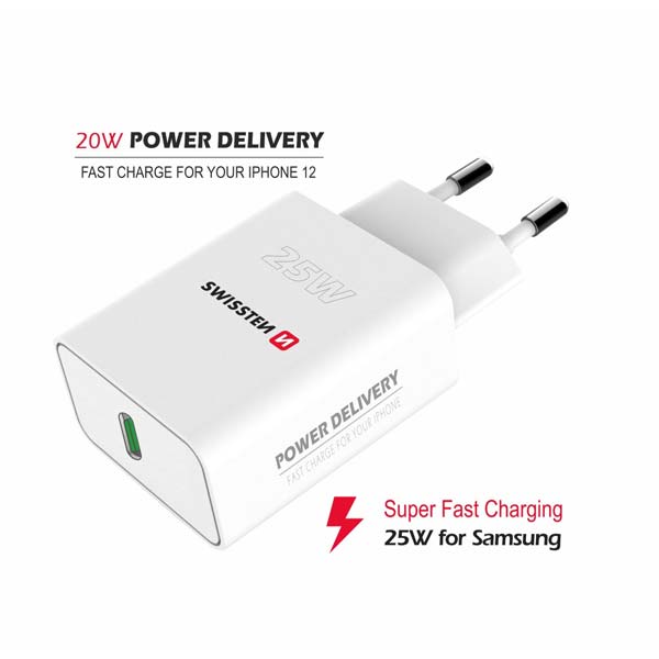 Sítóvý Adaptér Swissten pro iPhone a Samsung PD, 25W, bílý Sítóvý Adaptér Swissten pro iPhone a Samsung PD, 25W, bílý