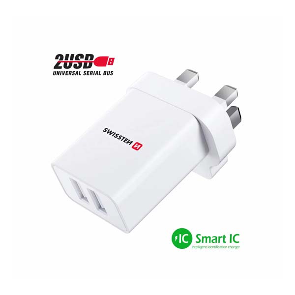 Sítóvý Adaptér Swissten 2x USB 10,5W pre UK, bílý Sítóvý Adaptér Swissten 2x USB 10,5W pre UK, bílý