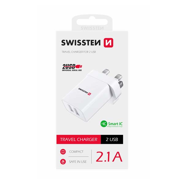 Sítóvý Adaptér Swissten 2x USB 10,5W pre UK, bílý Sítóvý Adaptér Swissten 2x USB 10,5W pre UK, bílý
