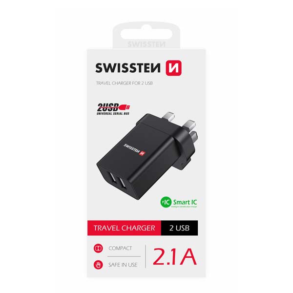 Sítóvý  Adaptér Swissten 2x USB 10,5W pre UK, černý