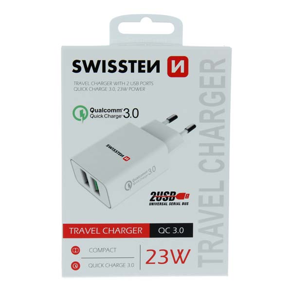 Sítóvý  Adaptér Swissten 2x USB QC 3.0 + USB, 23W, bílý